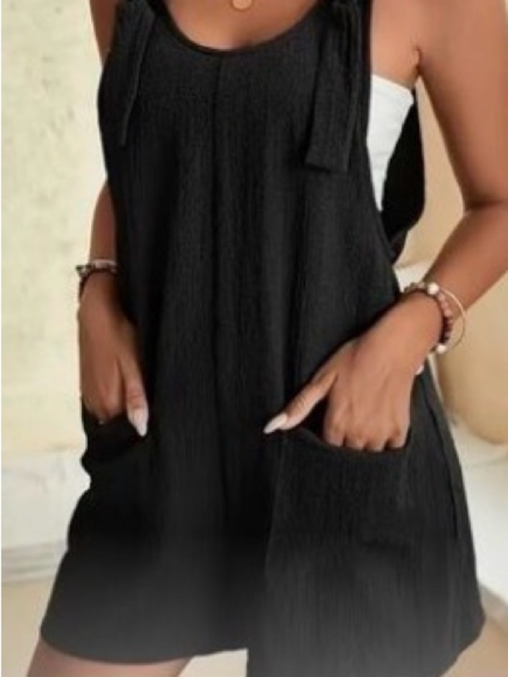Navy Tie-Shoulder Romper with Front Pockets